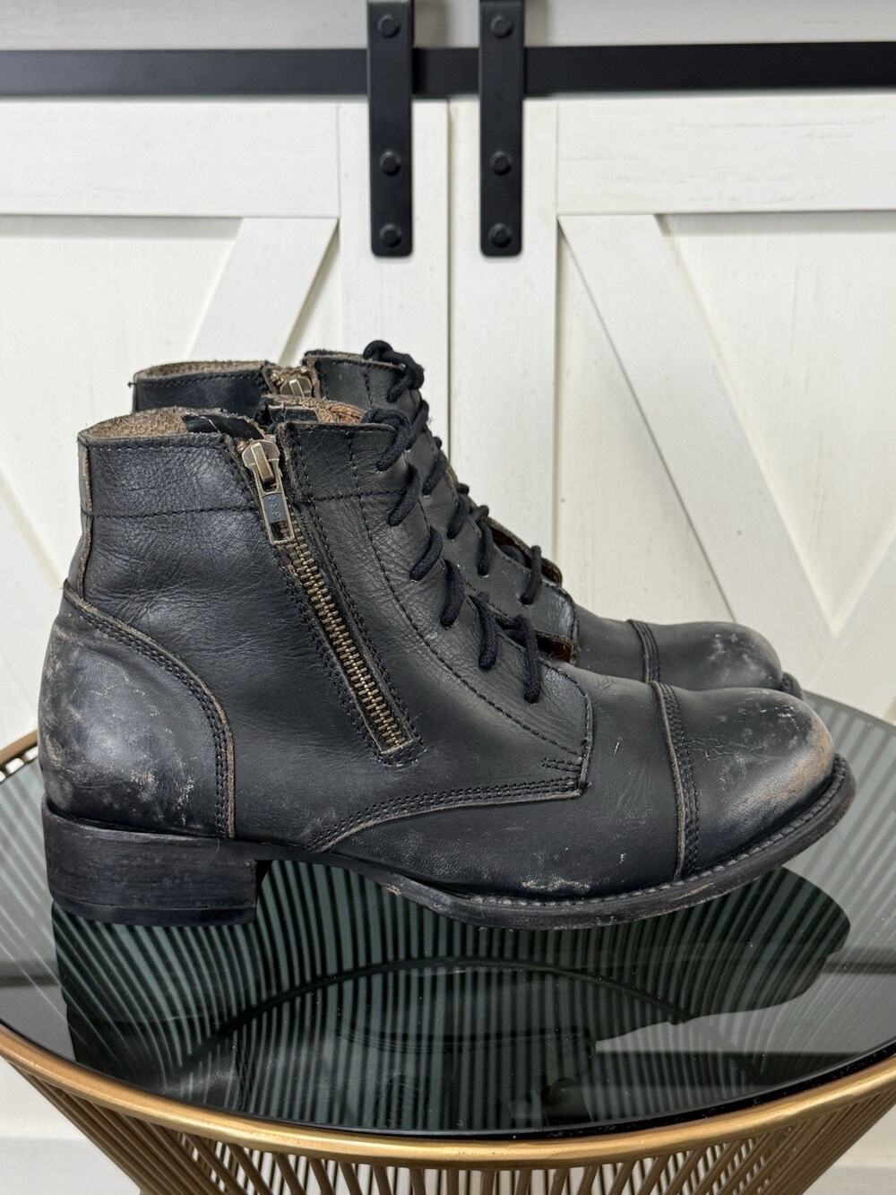 FREEBIRD by Steven Rafter Black Leather Combat Boots Side Zip Women’s Size 9